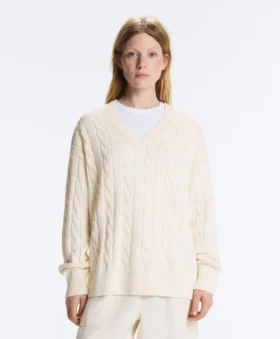 100% Cotton Cable Knit V-Neck Jumper