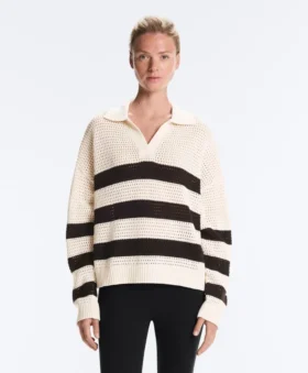 100% Cotton Striped Open Knit Long-Sleeve Polo Shirt