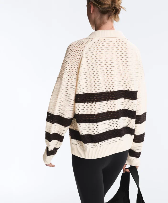 100% Cotton Striped Open Knit Long-Sleeve Polo Shirt 100% Cotton Striped Open Knit Long-Sleeve Polo Shirt