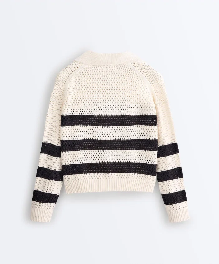 100% Cotton Striped Open Knit Long-Sleeve Polo Shirt 100% Cotton Striped Open Knit Long-Sleeve Polo Shirt