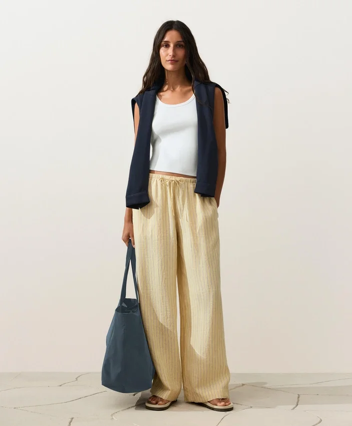100% Linen Straight-Leg Print Stripe Trousers 100% Linen Straight-Leg Print Stripe Trousers
