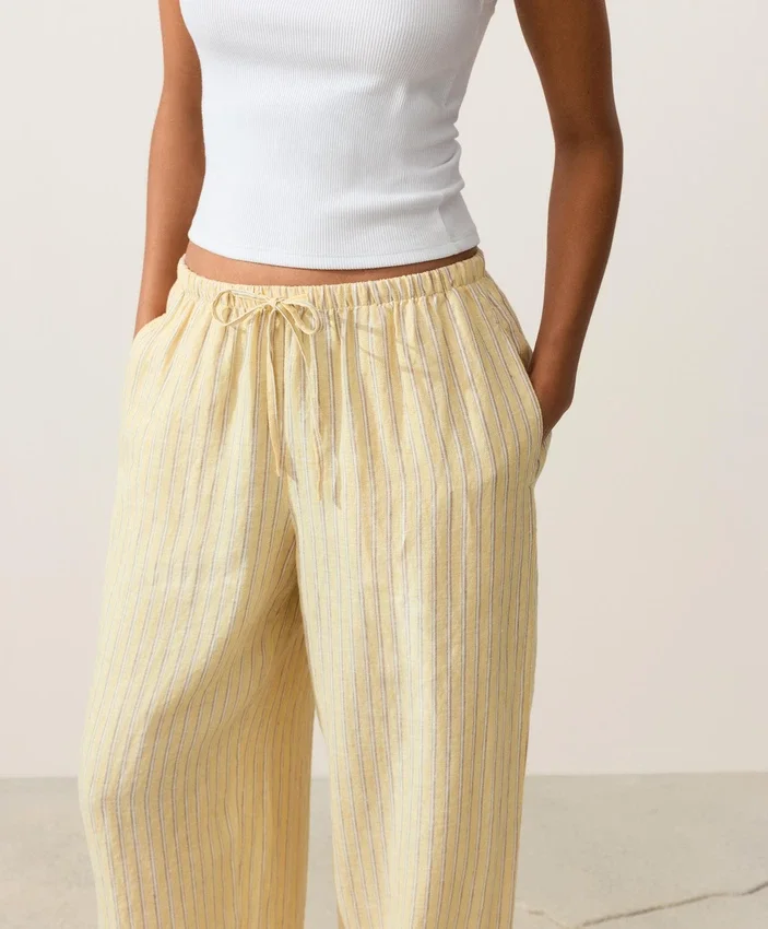 100% Linen Straight-Leg Print Stripe Trousers 100% Linen Straight-Leg Print Stripe Trousers