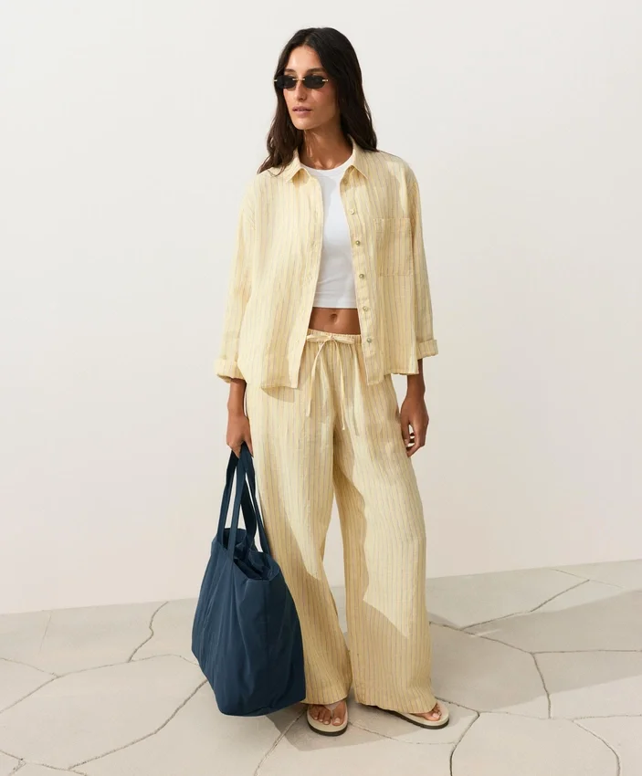 100% Linen Straight-Leg Print Stripe Trousers 100% Linen Straight-Leg Print Stripe Trousers