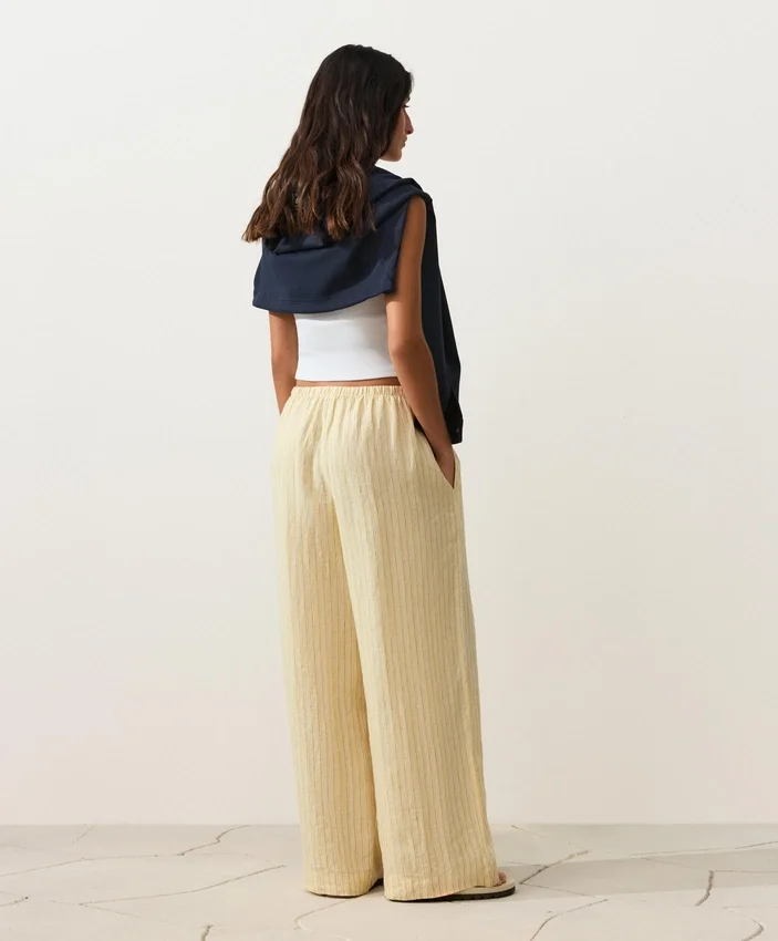 100% Linen Straight-Leg Print Stripe Trousers 100% Linen Straight-Leg Print Stripe Trousers