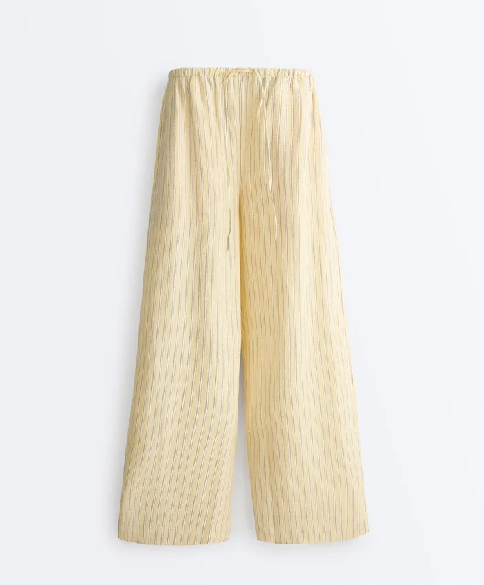 100% Linen Straight-Leg Print Stripe Trousers 100% Linen Straight-Leg Print Stripe Trousers