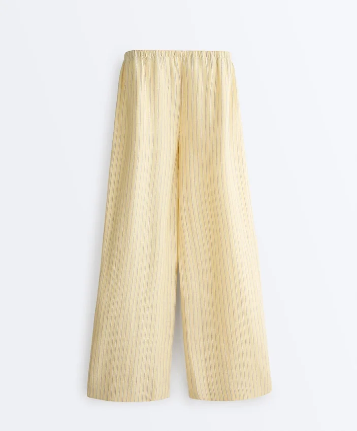 100% Linen Straight-Leg Print Stripe Trousers 100% Linen Straight-Leg Print Stripe Trousers