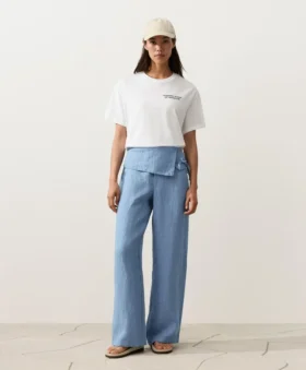 100% Linen Straight-Leg Trousers with Turn-Up Waist