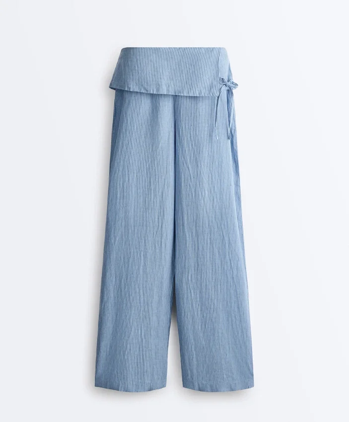 100% Linen Straight-Leg Trousers with Turn-Up Waist 100% Linen Straight-Leg Trousers with Turn-Up Waist
