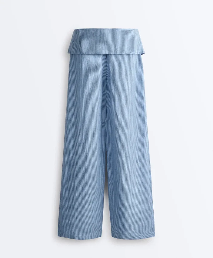 100% Linen Straight-Leg Trousers with Turn-Up Waist 100% Linen Straight-Leg Trousers with Turn-Up Waist