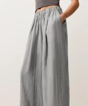 100% Linen Wide-Leg Striped Trousers