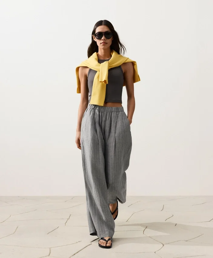 100% Linen Wide-Leg Striped Trousers 100% Linen Wide-Leg Striped Trousers