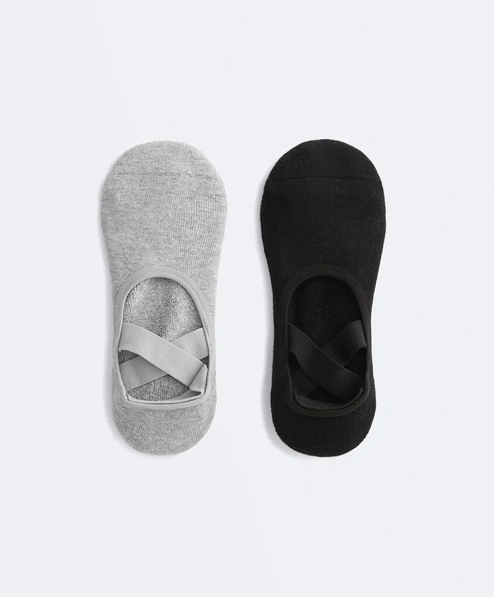 2 Pairs of Padded Cotton Blend Yoga and Pilates Socks with Crossover Straps 2 Pairs of Padded Cotton Blend Yoga and Pilates Socks with Crossover Straps