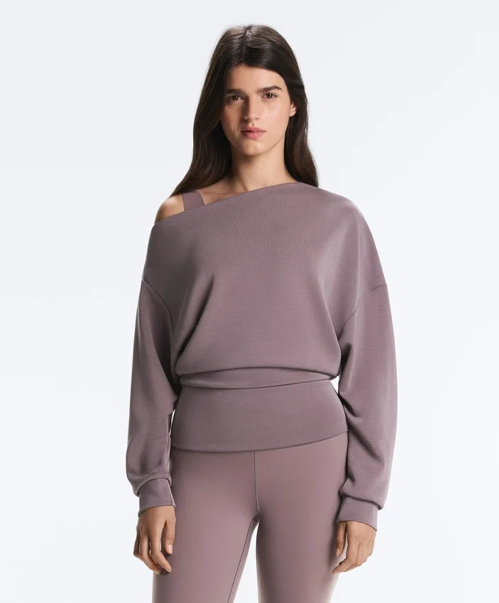 Asymmetric Neck Sweatshirt with Adjustable Waist and Soft-Touch Modal Asymmetric Neck Sweatshirt with Adjustable Waist and Soft-Touch Modal