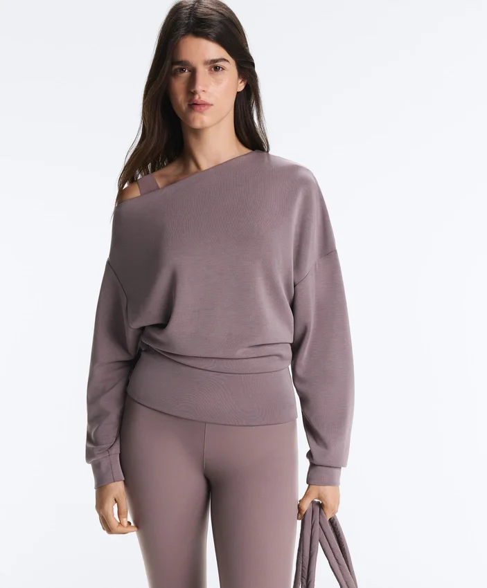 Asymmetric Neck Sweatshirt with Adjustable Waist and Soft-Touch Modal Asymmetric Neck Sweatshirt with Adjustable Waist and Soft-Touch Modal