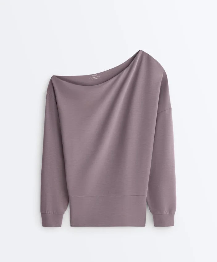 Asymmetric Neck Sweatshirt with Adjustable Waist and Soft-Touch Modal Asymmetric Neck Sweatshirt with Adjustable Waist and Soft-Touch Modal