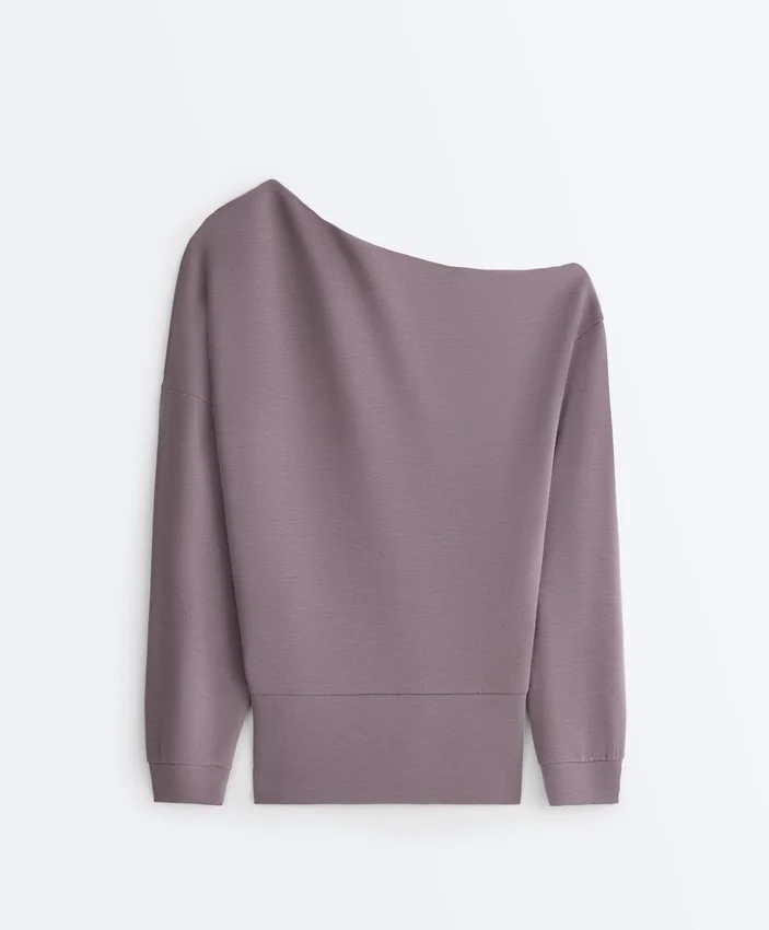 Asymmetric Neck Sweatshirt with Adjustable Waist and Soft-Touch Modal Asymmetric Neck Sweatshirt with Adjustable Waist and Soft-Touch Modal