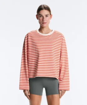 Boxy Long-Sleeved Stripe 100% Cotton T-Shirt