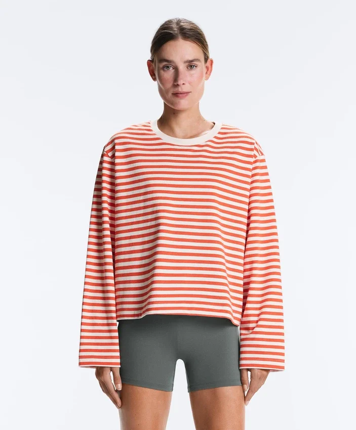 Boxy Long-Sleeved Stripe 100% Cotton T-Shirt Boxy Long-Sleeved Stripe 100% Cotton T-Shirt