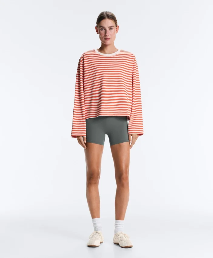 Boxy Long-Sleeved Stripe 100% Cotton T-Shirt Boxy Long-Sleeved Stripe 100% Cotton T-Shirt