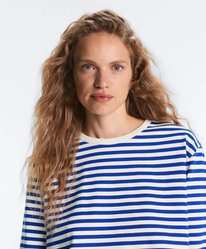 Boxy Long-Sleeved Stripe 100% Cotton T-Shirt Boxy Long-Sleeved Stripe 100% Cotton T-Shirt