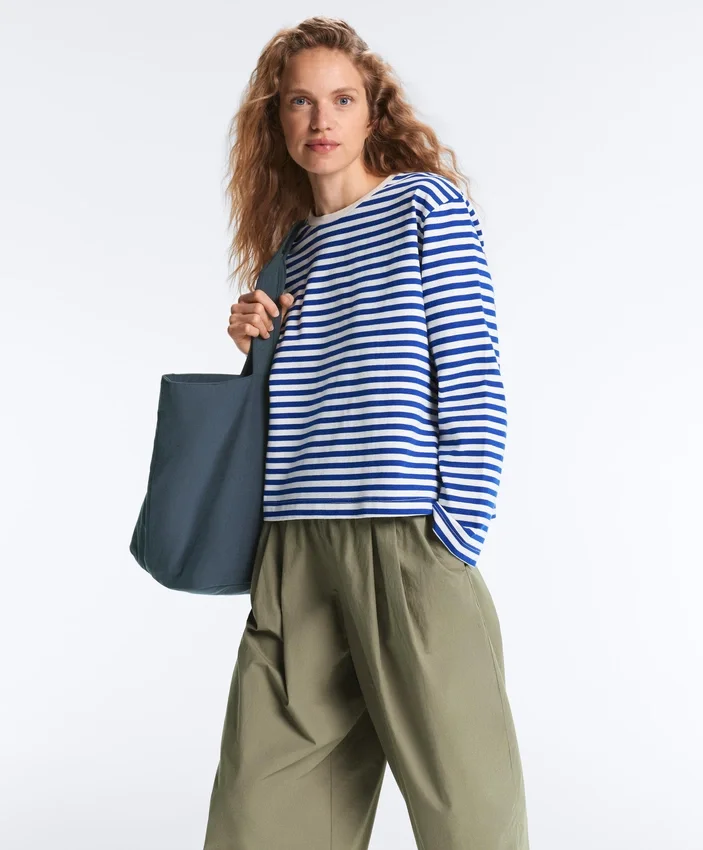Boxy Long-Sleeved Stripe 100% Cotton T-Shirt Boxy Long-Sleeved Stripe 100% Cotton T-Shirt