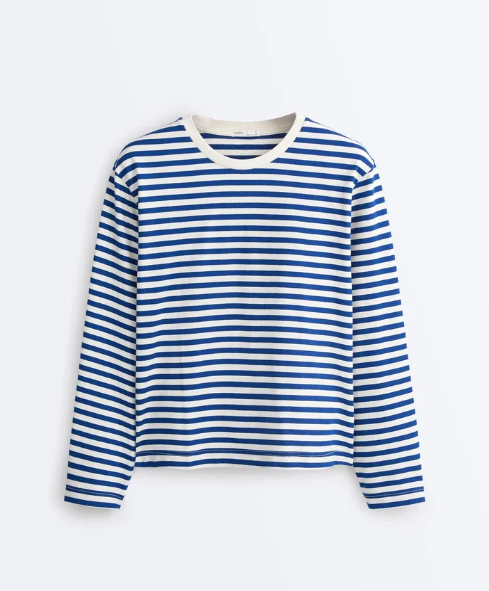 Boxy Long-Sleeved Stripe 100% Cotton T-Shirt Boxy Long-Sleeved Stripe 100% Cotton T-Shirt