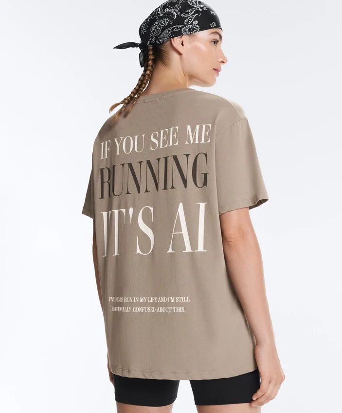 Boxy Short-Sleeved Cotton Blend T-Shirt with Slogan Boxy Short-Sleeved Cotton Blend T-Shirt with Slogan