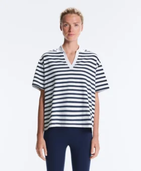 Boxy Short-Sleeved Polo Neck Cotton Blend T-Shirt