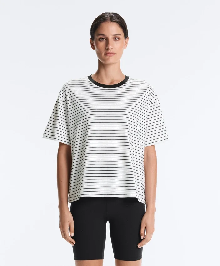 Boxy Short-Sleeved Striped Cotton Blend T-Shirt Boxy Short-Sleeved Striped Cotton Blend T-Shirt