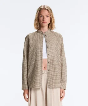 Checked Cotton Blend Stand-Up Collar Shirt