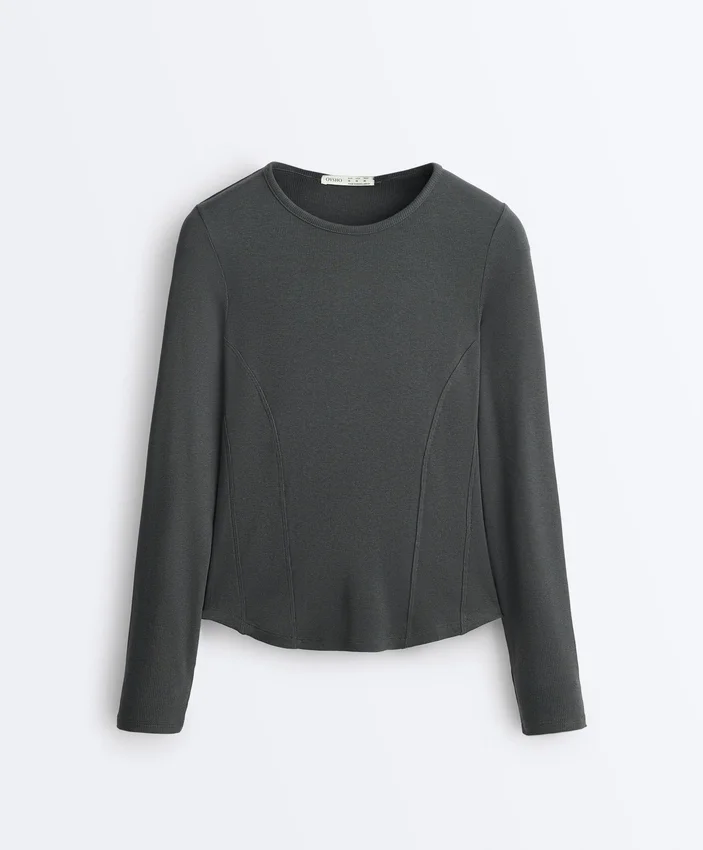 Fitted Long Sleeve Rib T-Shirt with Cotton and Modal Fitted Long Sleeve Rib T-Shirt with Cotton and Modal
