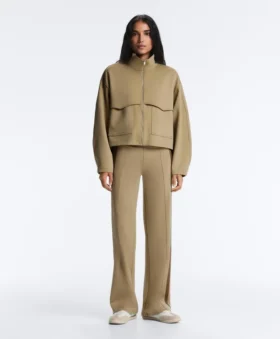 High Rise Neoprene-Effect Straight-Leg Trousers with Piping