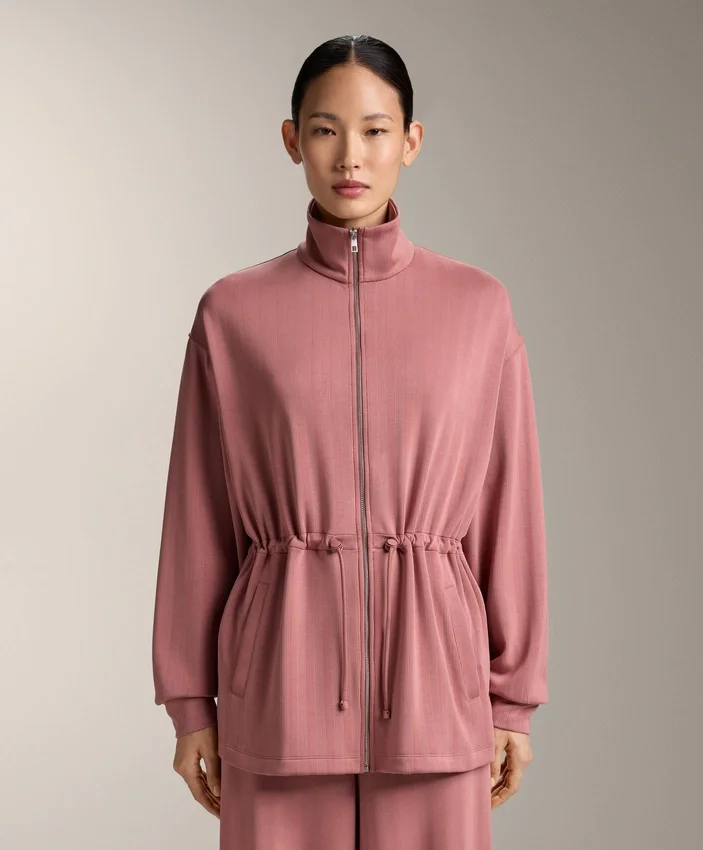 Long Jacket with Adjustable Waist and Striped Texture Long Jacket with Adjustable Waist and Striped Texture