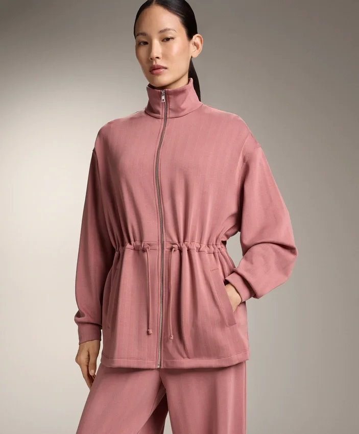 Long Jacket with Adjustable Waist and Striped Texture Long Jacket with Adjustable Waist and Striped Texture