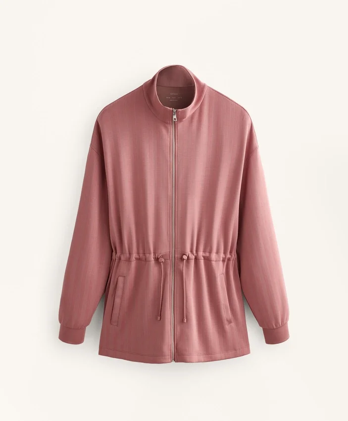Long Jacket with Adjustable Waist and Striped Texture Long Jacket with Adjustable Waist and Striped Texture