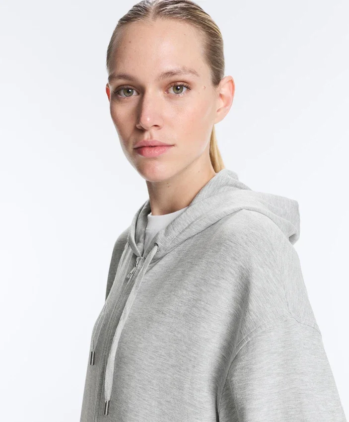 Long Melange Piqué Hooded Jacket Long Melange Piqué Hooded Jacket