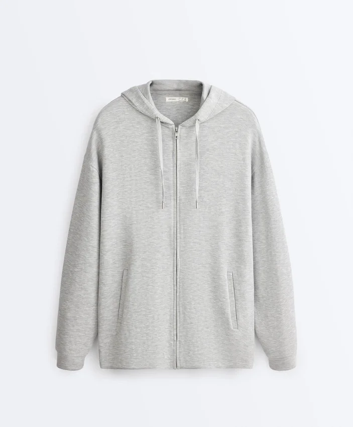 Long Melange Piqué Hooded Jacket Long Melange Piqué Hooded Jacket