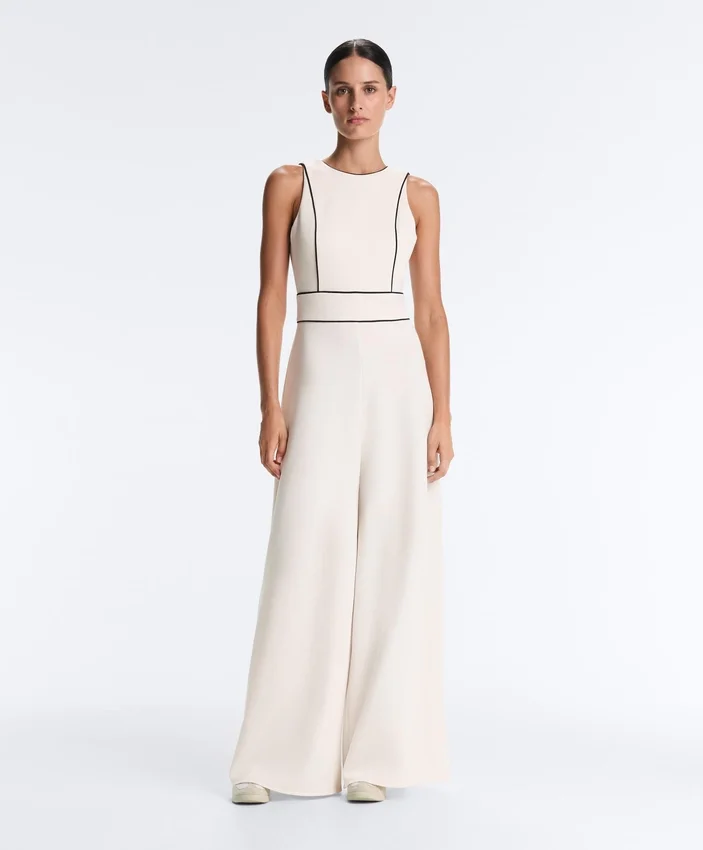 Long Piping Piqué Jumpsuit with Cotton Long Piping Piqué Jumpsuit with Cotton