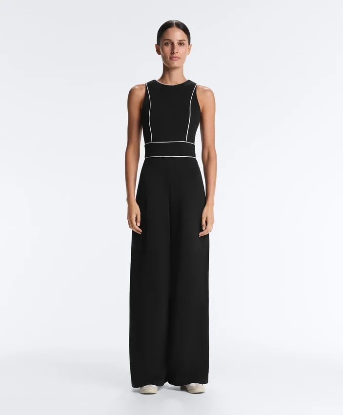 Long Piping Piqué Jumpsuit with Cotton Long Piping Piqué Jumpsuit with Cotton