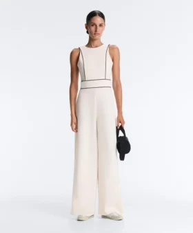 Long Piping Piqué Jumpsuit with Cotton
