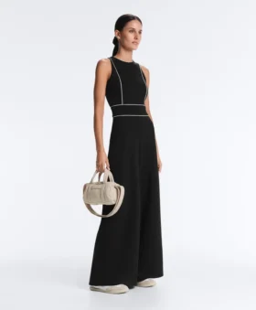 Long Piping Piqué Jumpsuit with Cotton