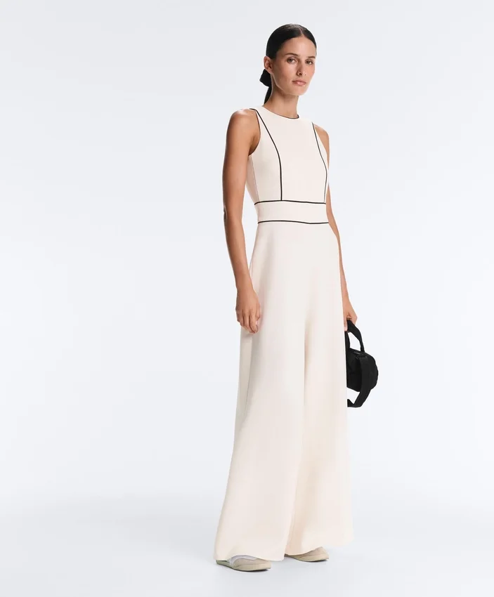 Long Piping Piqué Jumpsuit with Cotton Long Piping Piqué Jumpsuit with Cotton