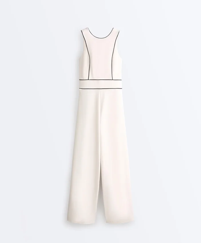 Long Piping Piqué Jumpsuit with Cotton Long Piping Piqué Jumpsuit with Cotton