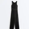 Long Piping Piqué Jumpsuit with Cotton Long Piping Piqué Jumpsuit with Cotton