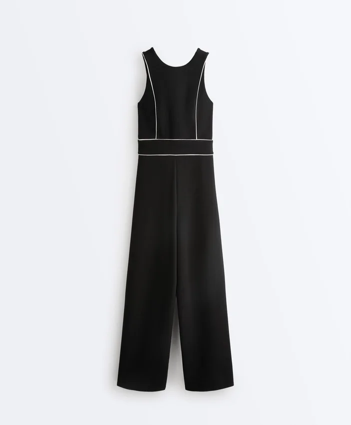 Long Piping Piqué Jumpsuit with Cotton Long Piping Piqué Jumpsuit with Cotton