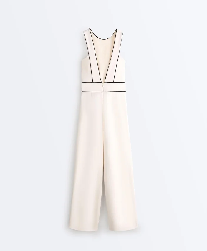 Long Piping Piqué Jumpsuit with Cotton Long Piping Piqué Jumpsuit with Cotton