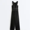 Long Piping Piqué Jumpsuit with Cotton Long Piping Piqué Jumpsuit with Cotton
