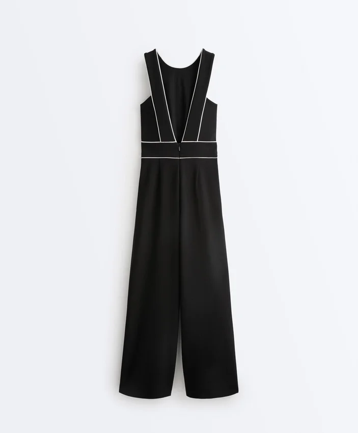 Long Piping Piqué Jumpsuit with Cotton Long Piping Piqué Jumpsuit with Cotton