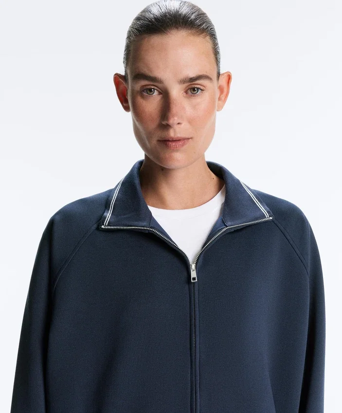 Long Piqué Jacket with Contrast Cotton Piping Long Piqué Jacket with Contrast Cotton Piping