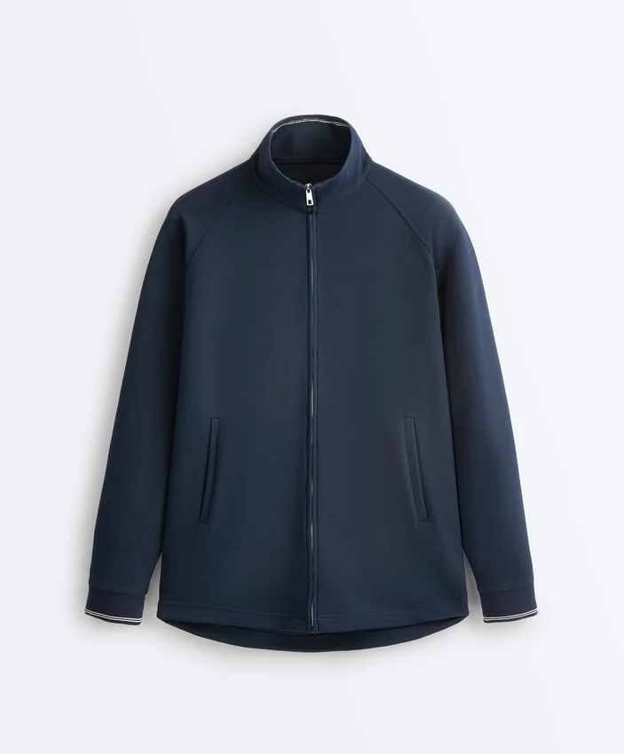 Long Piqué Jacket with Contrast Cotton Piping Long Piqué Jacket with Contrast Cotton Piping